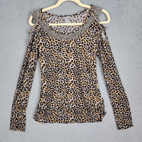C. Oliver Blouse M Leopard Print Cold Shoulder Stretchy Silver Bead Embellished - Picture 15 of 16